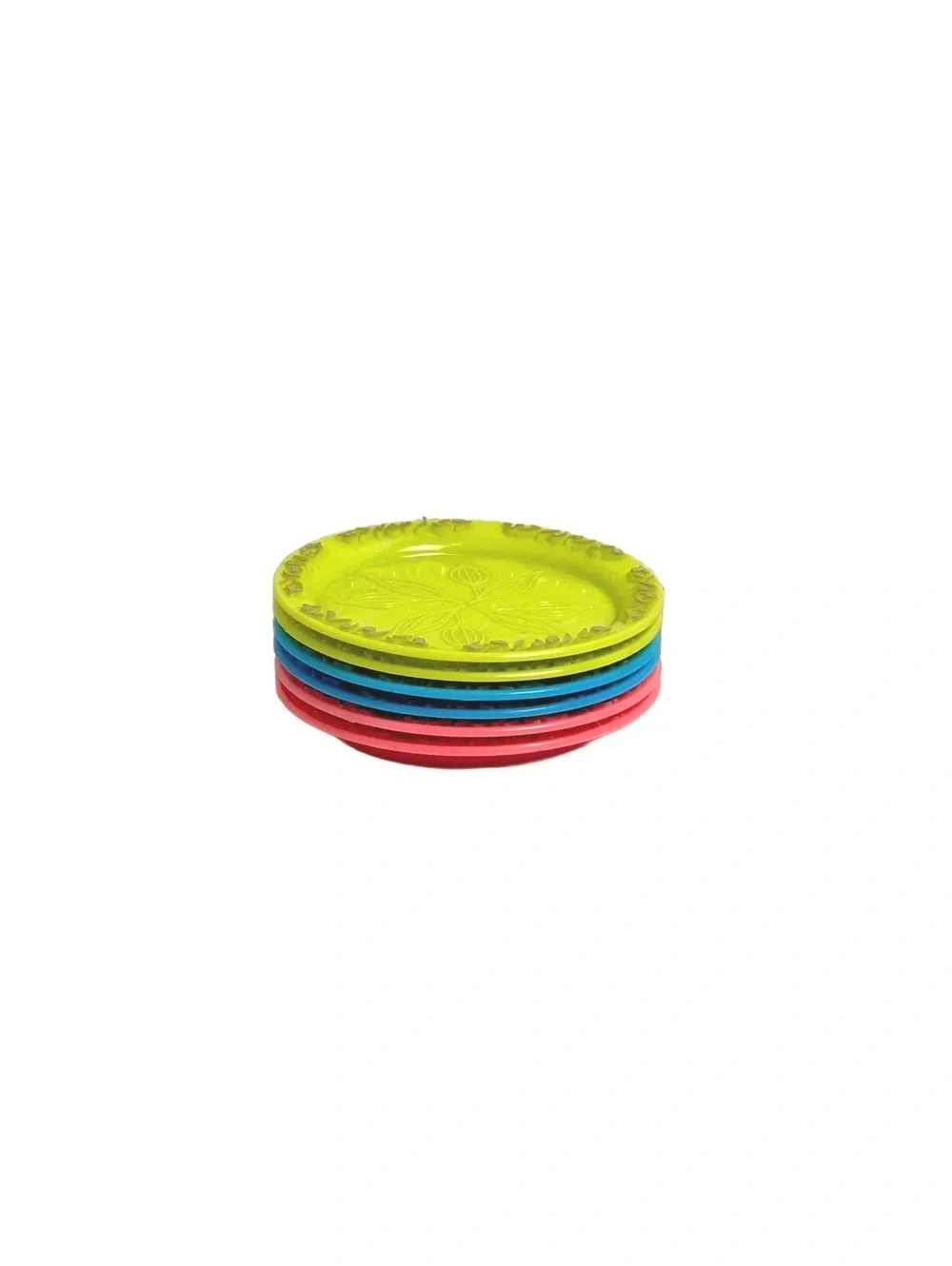 Set of 6 Colorful Decorative Plates with Leaf Motif and Embossed Edges